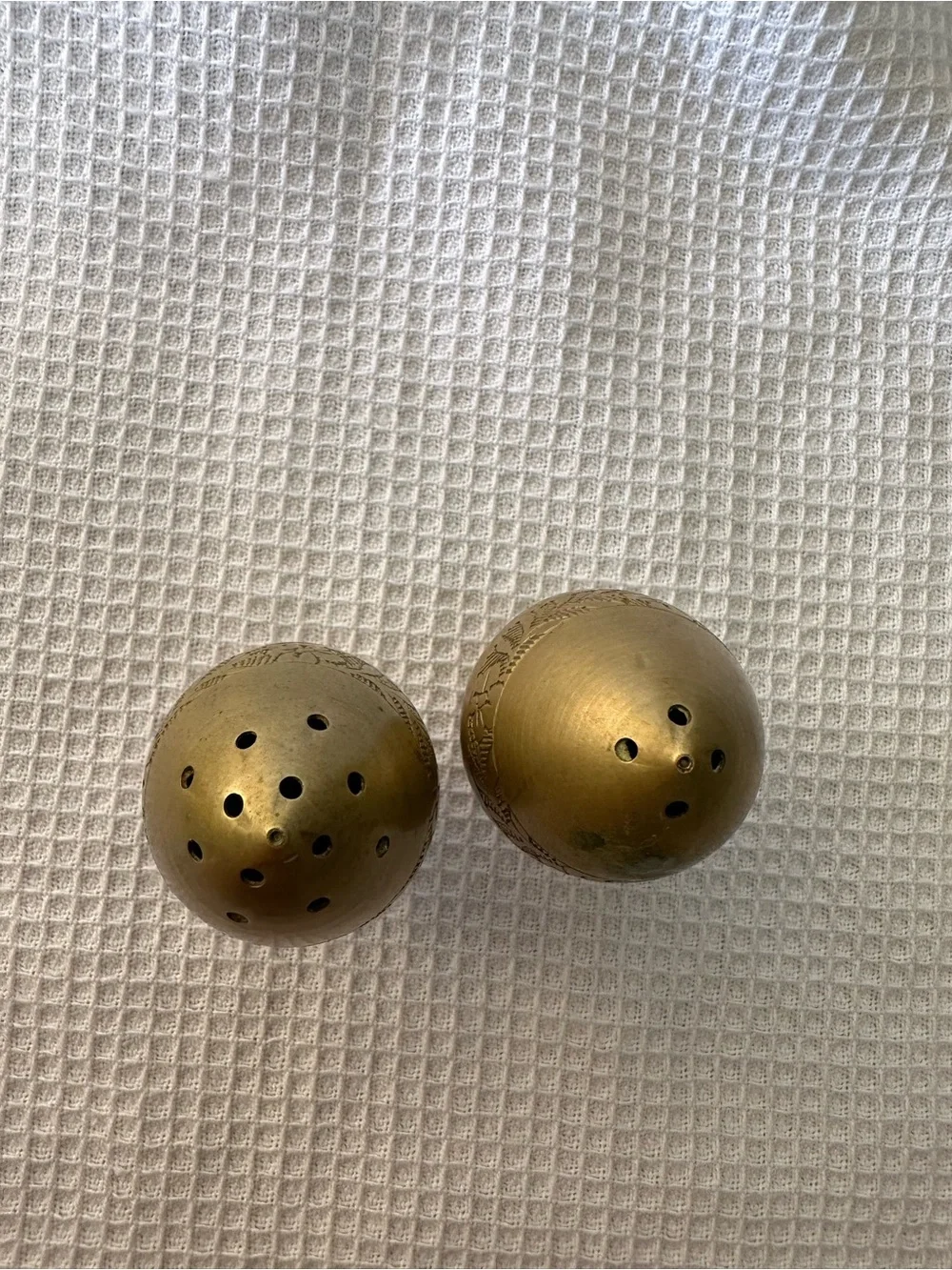 Vintage Hand-Etched Brass Egg Shaker Set - Peshawar Pakistan - Ganibeg Signed